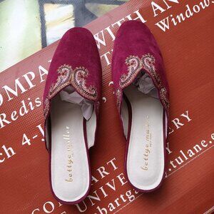 Women's Burgundy Wine Suede Mules with Gold Braided Edging
